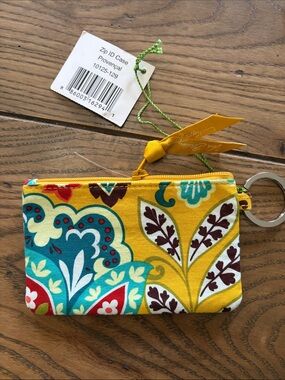 Vera Bradley Yellow Floral Zip ID Case with Teal and Red Accents